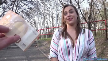 Wonderful girl with big boobs gives a blowjob and smash on the street for money
